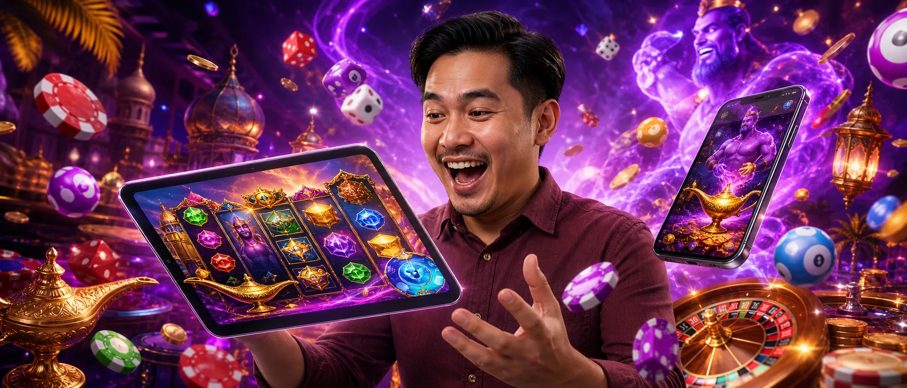 Get To Know Aladdin99 Before You Play. Take a proper look at what's on offer, how the platform works, and w… – neon arcade purple illustration