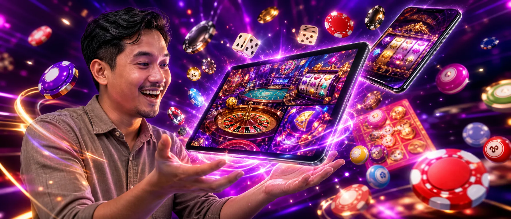 Every Kind of Casino Game, All in One Place. From spinning reels to classic table action, Aladdin99 brings… – neon arcade purple illustration